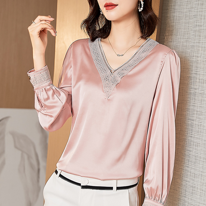Business Wear Embroidered Satin Silk V Neck Shirt