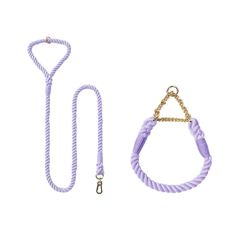 Woven Cotton Pet Dog Leash Collar Set - Purple Gold