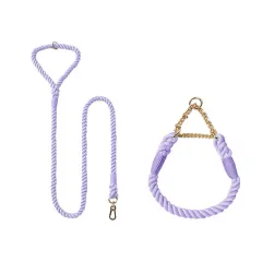 Woven Cotton Pet Dog Leash Collar Set - Purple Gold - View 1
