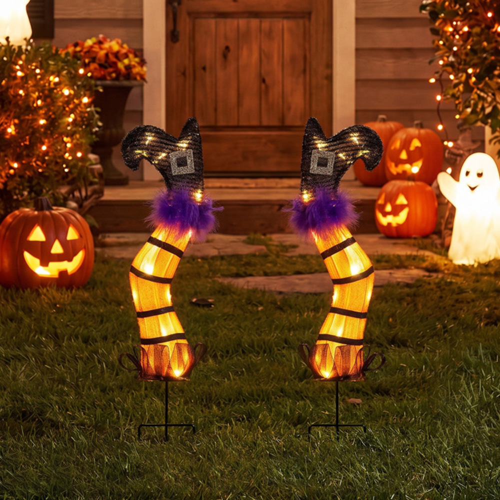 2 FT Set Of 2 Lighted Witch Legs Halloween Decorations With Battery Operation
