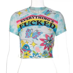 Fashion Print Crew Neck Slim Fit Cropped Navel - Mixed Colour - View 1