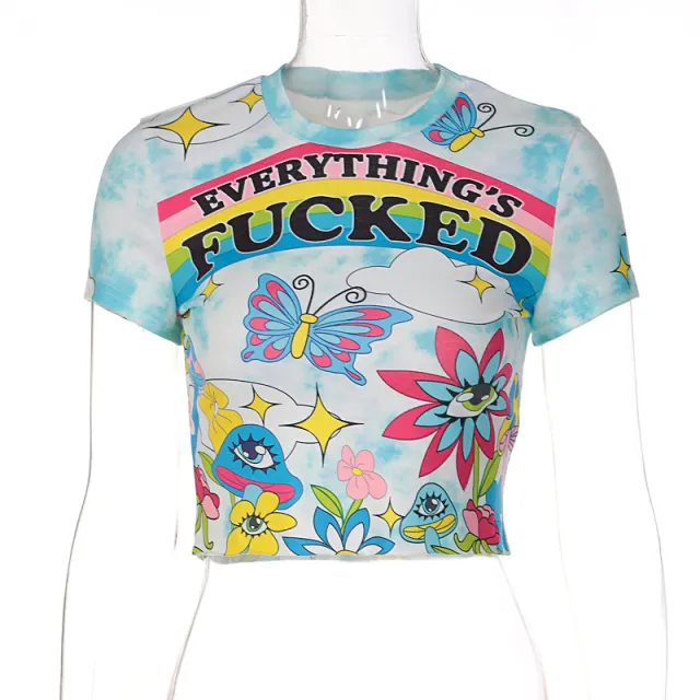 Fashion Print Crew Neck Slim Fit Cropped Navel Mixed Color - Shop at LoveMi