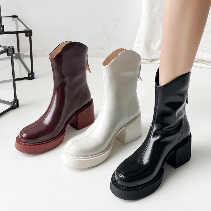 Horse Oil Cowhide Thick-soled Thick High-heel Round-toe Short Boots