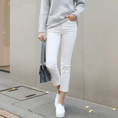 White Denim Women's Loose Fitting Straight Elastic High Waist - White Quarter Pants - View 1