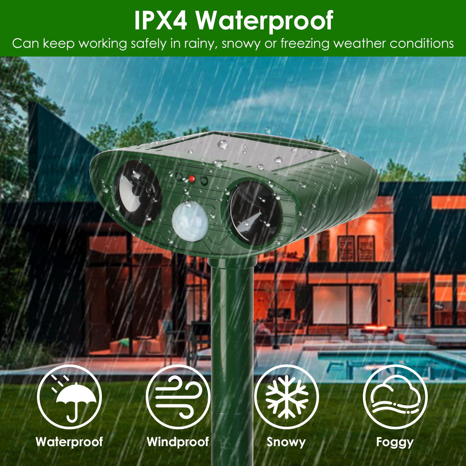 1Pc Solar Ultrasonic Animal Repeller PIR Motion Sensor Animal Repellent Chaser IPX4 Waterproof For Farm Garden Yard To Drive Raccoon Squirrel Rat Skunk Rabbit Mole Dog Cat Snake