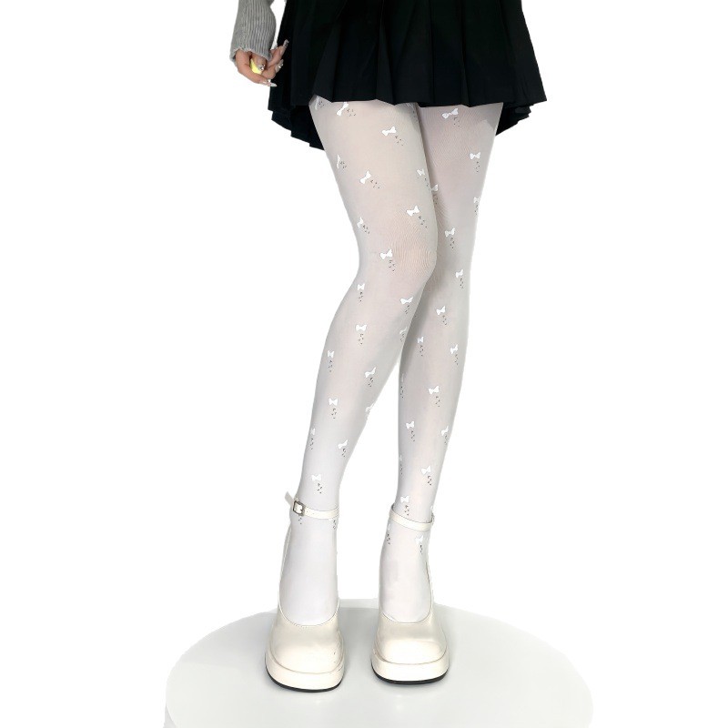 White Pure Desire Bow Dot Printed Bottoming Socks, Lolita Women's White Stockings, Velvet Pantyhose