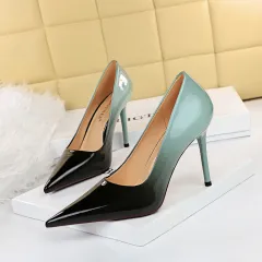 Women's High Heel Pointed Toe Glossy Patent Leather Shoes - Blue - View 1