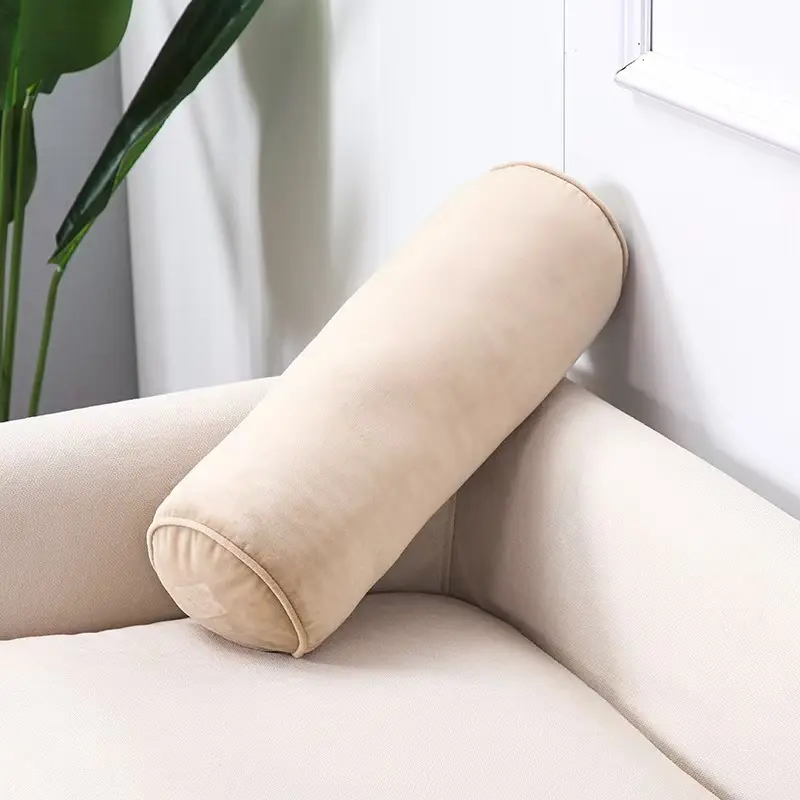 Beige Velvet Bolster Pillow, Solid Round Tube