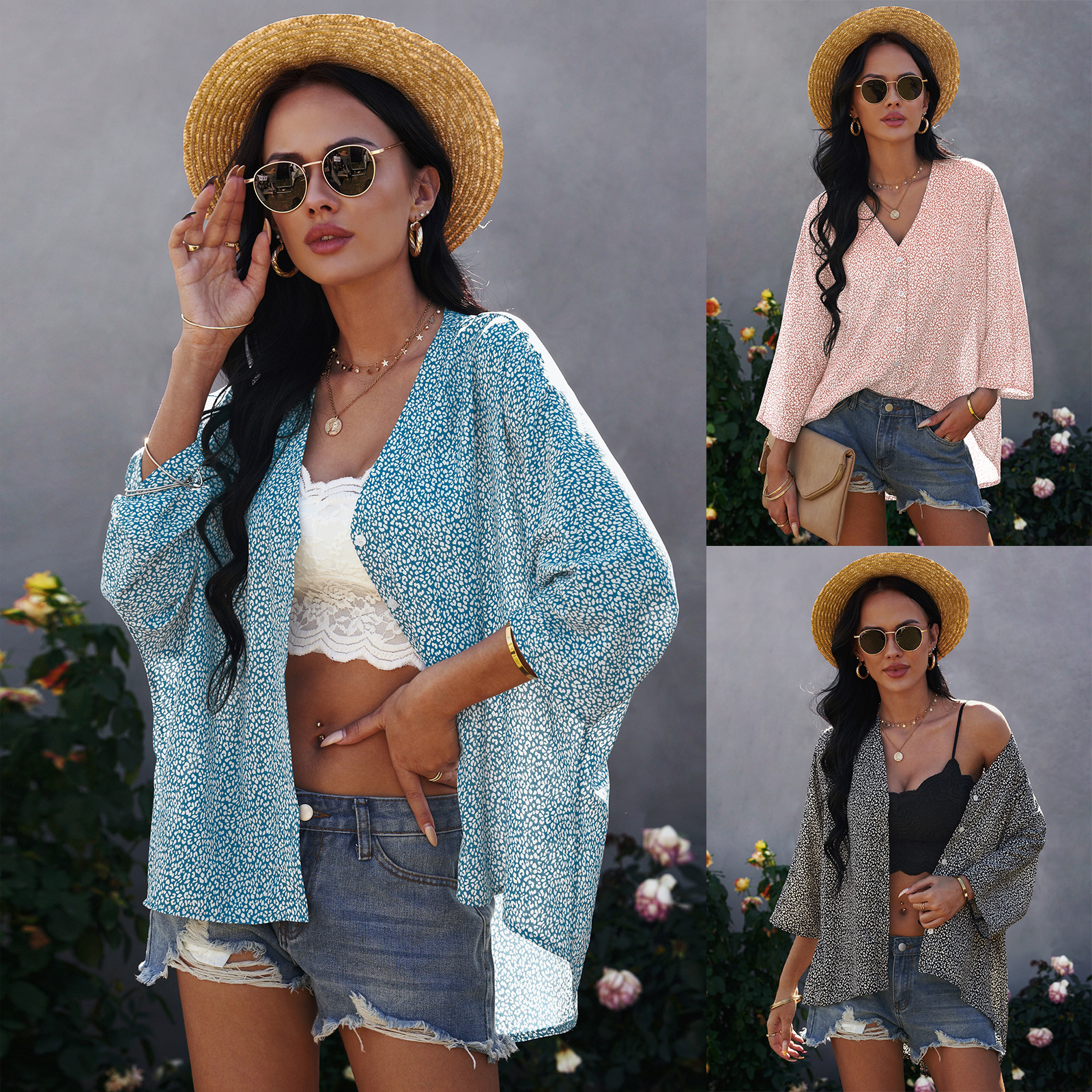 European And American Three Quarter Sleeve Floral Chiffon Shirt Top Women