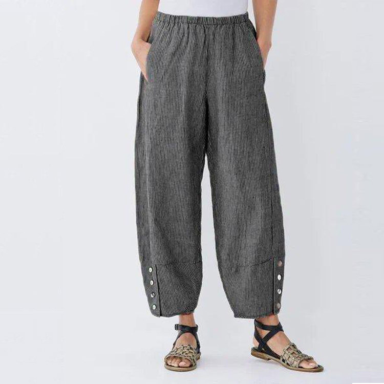 New Pinstripe Button Pocket Elastic Waist Casual Pants