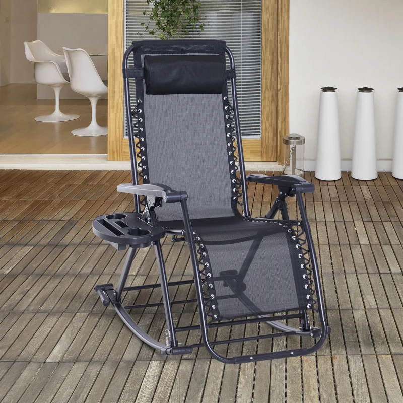 Outdoor Rocking Chairs, Foldable Reclining Zero Gravity Lounge Rocker With Pillow, Cup & Phone Holder, Combo Design With Folding Legs, Black thumbnail 8