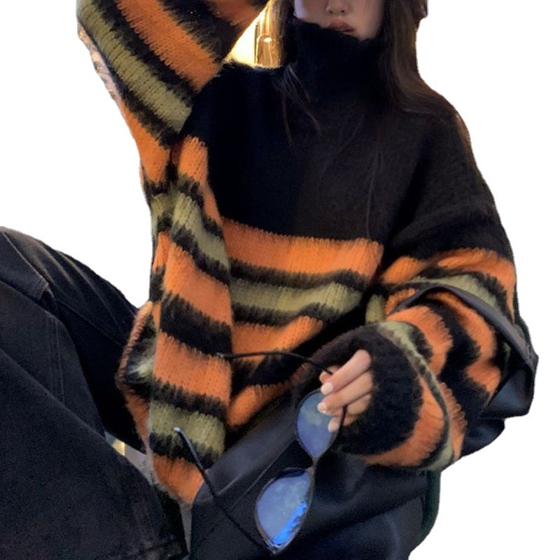 Autumn And Winter Lazy Wind Retro High Collar Stripes Bump Color Soft And Sticky Pullover Sweater