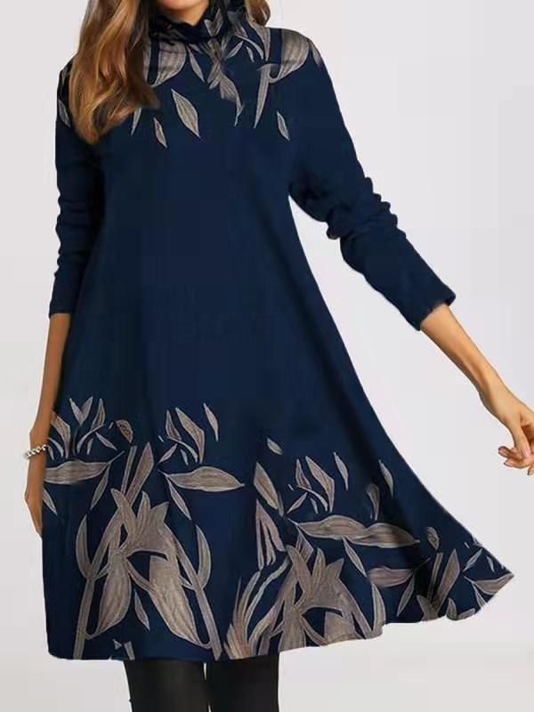 Printed Pile Collar Long-sleeved Loose Dress