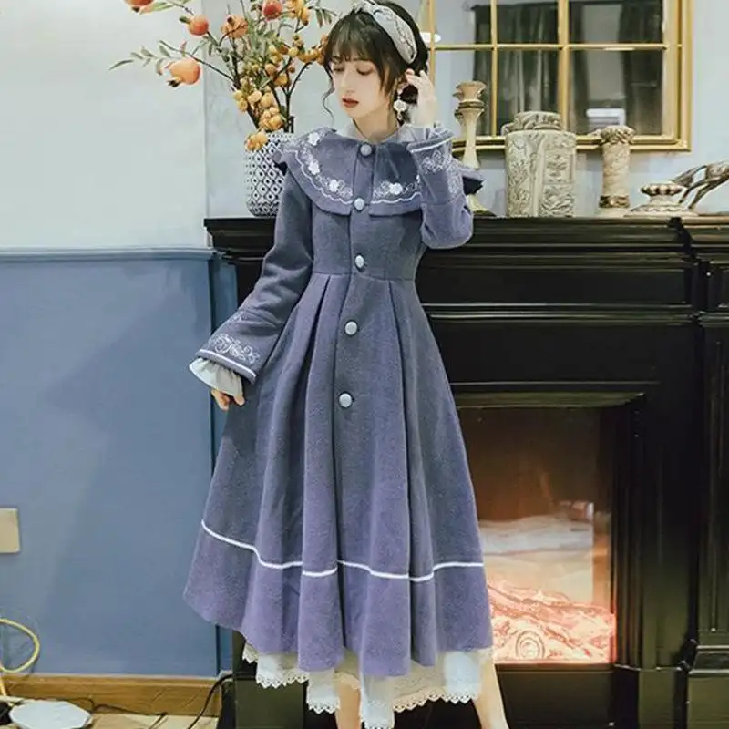 New Style Elegant Retro Literary Rabbit Fur Collar Woolen Coat