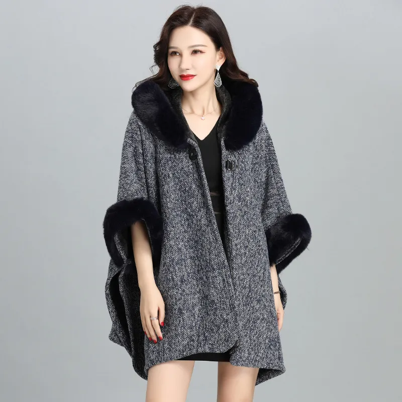 New Faux Fur British Temperament European And American Women's Hoodie Shawl Jacket - Navy