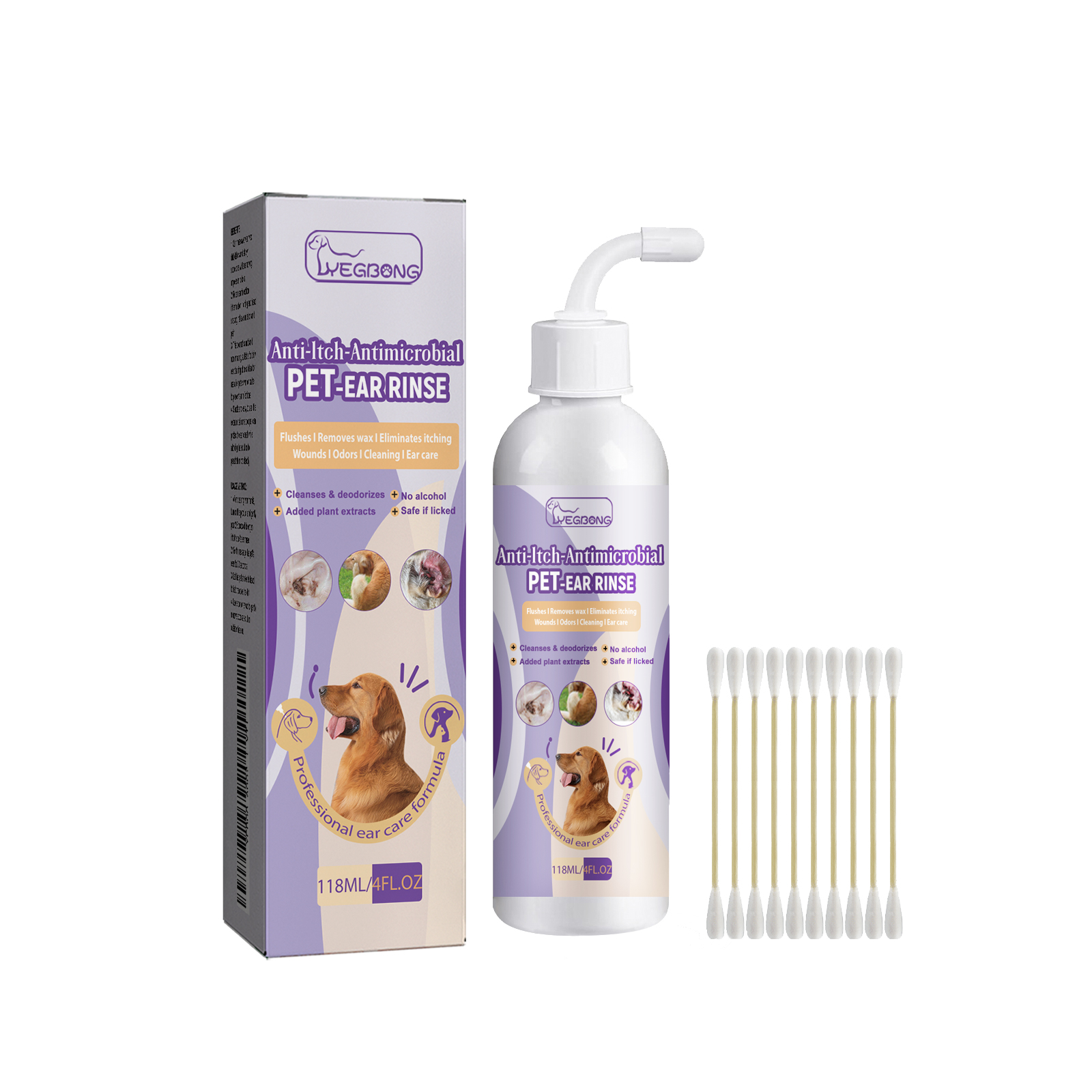 Pet Ear Cleanser 118ml 1box-10pcs 1bag Cotton Stick