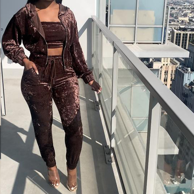 Three-piece Women's Long-sleeved Trousers And Chest Wrap