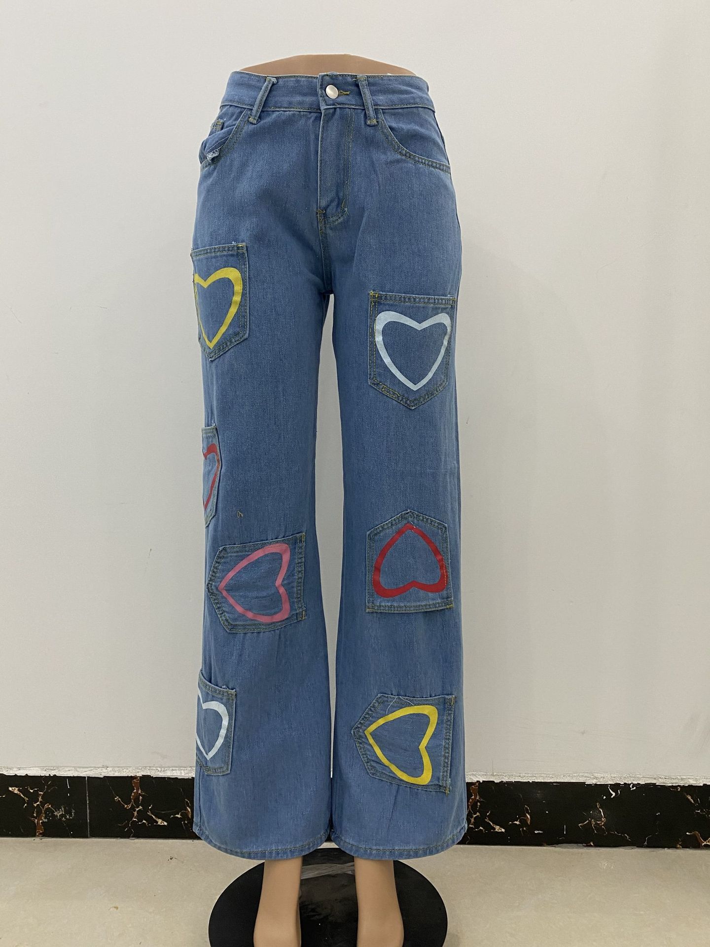 Multi pocket Colorful Heart Print Jeans Women's Flared Pants Blue - Shop at LoveMi