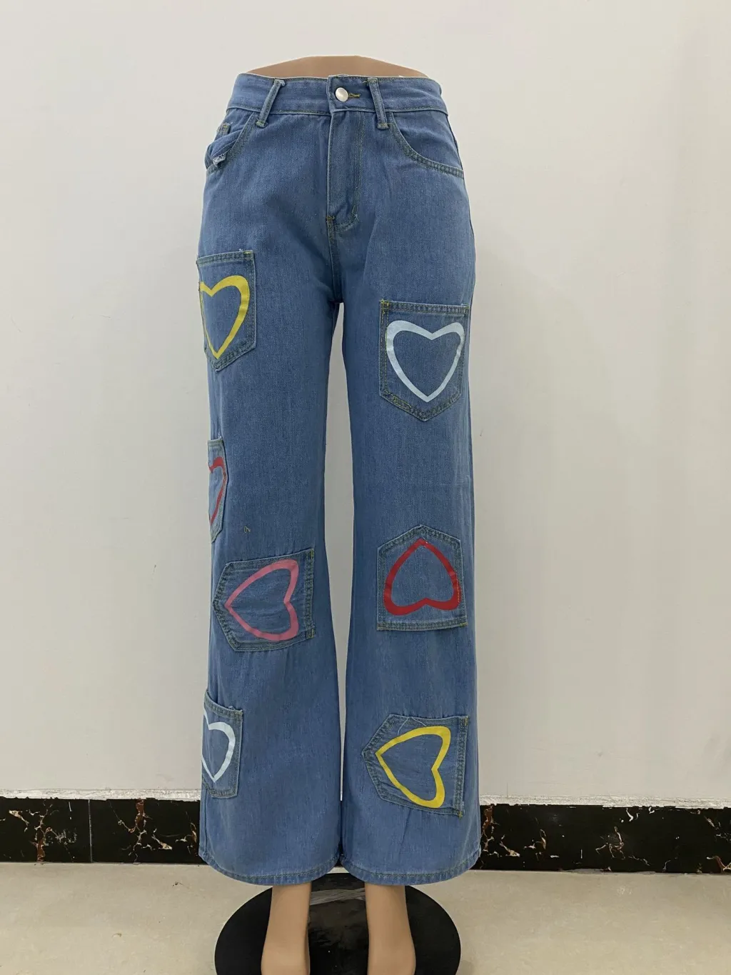 Multi-pocket Colorful Heart Print Jeans Women's Flared Pants - Blue