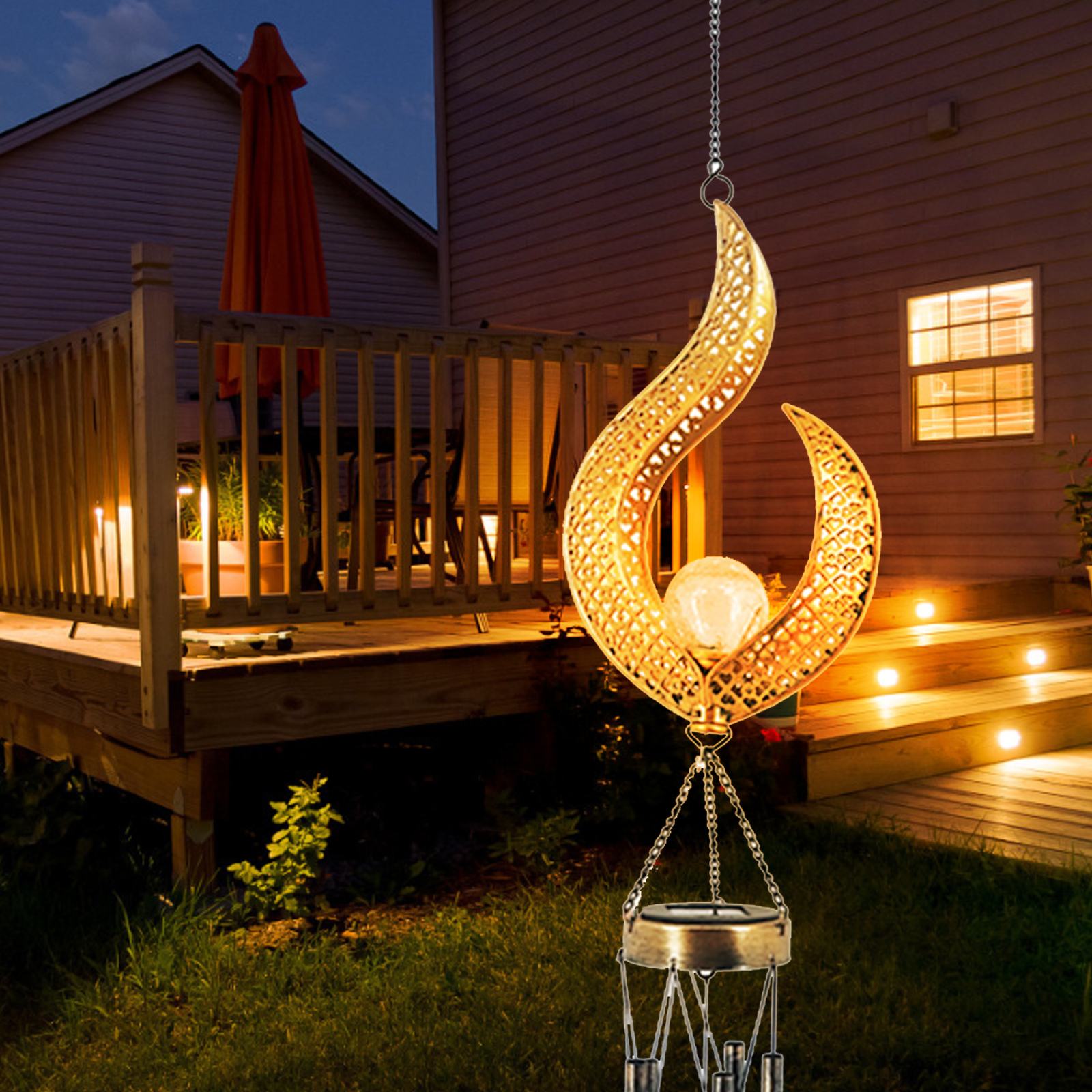 Solar Wrought Iron Wind Chime Lamp Outdoor Hollow Flame Sun Moon Lamp Garden Flame Suspension — foto 5