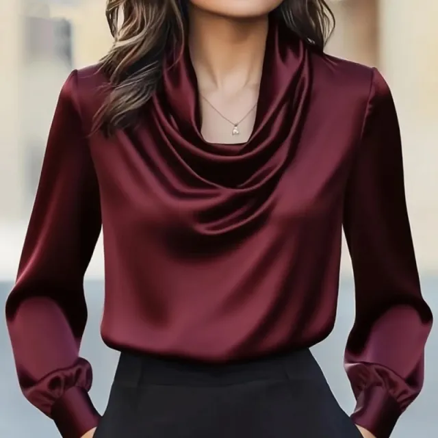 Women's Elegant Draped Neck Blouse, Solid Color Ruffle Detail Long Sleeve Shirt For Office And Formal Wear Wine Red - Shop at LoveMi