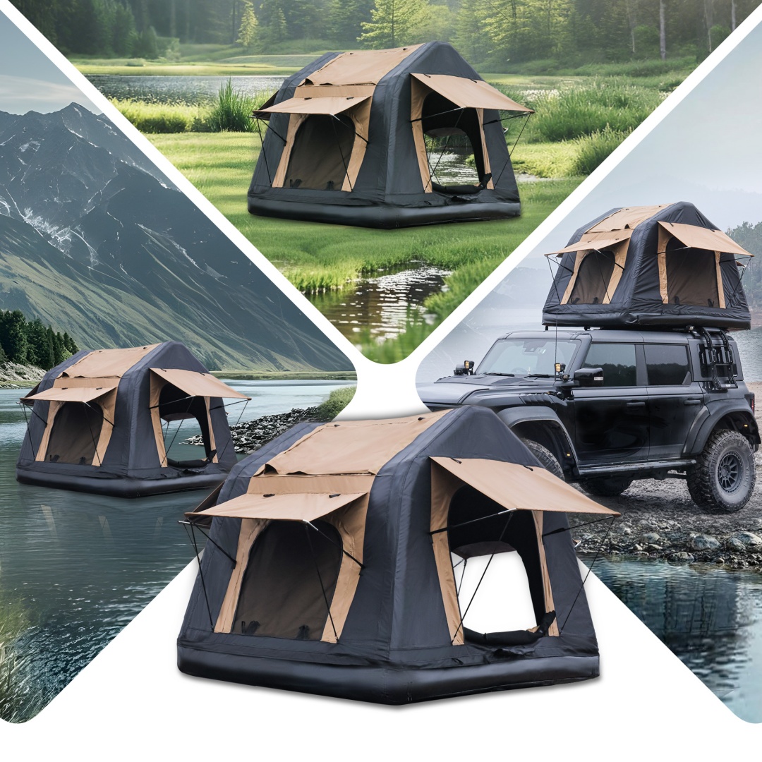 Foldable 2-3 People Amphibious Inflatable Car Roof Top Tent For Camping Outdoor Glamping Camping Tent For SUV,Truck  Without Ladder, Two-tone Style, Khaki & Black