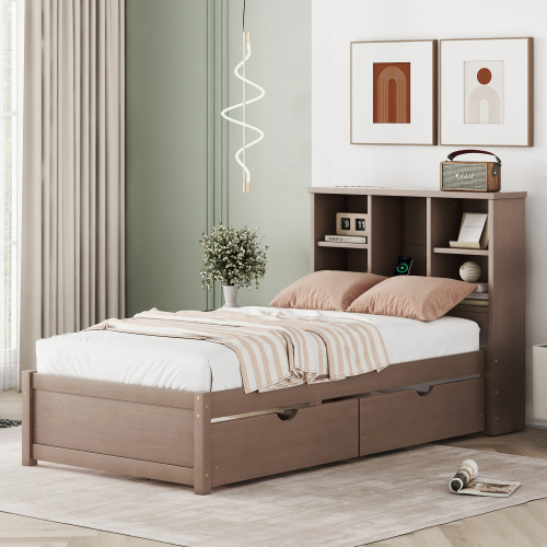 Modern Twin Size Bed Frame With Built-in USB Port On Bookcas view 12
