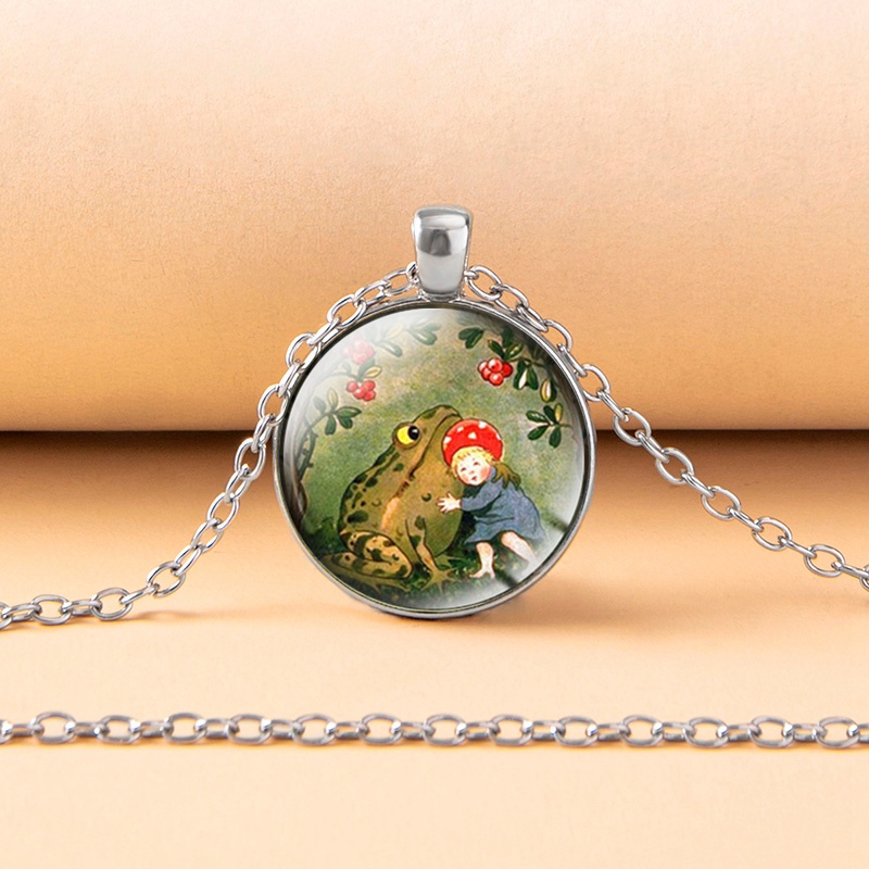 Cute fairy frog princess glass dome cabochon necklace