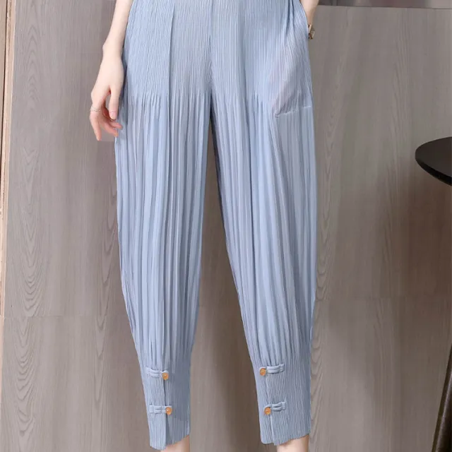 Sagging Small Feet Lantern Pleated Trousers For Women Sky Blue - Shop at LoveMi