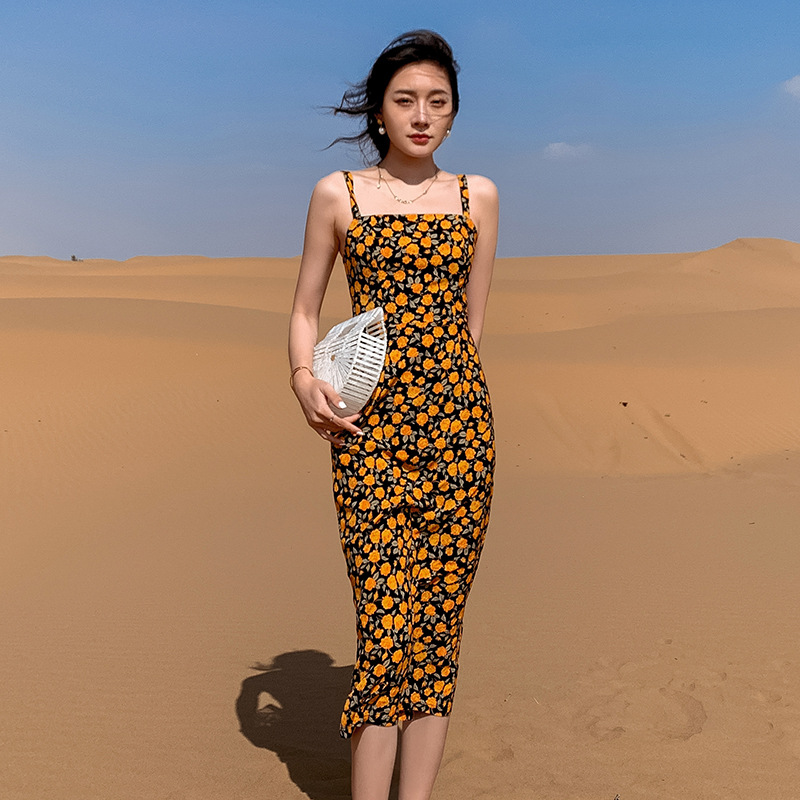 French Retro Floral Sling Female High Waist Slim Chiffon Strap Dress