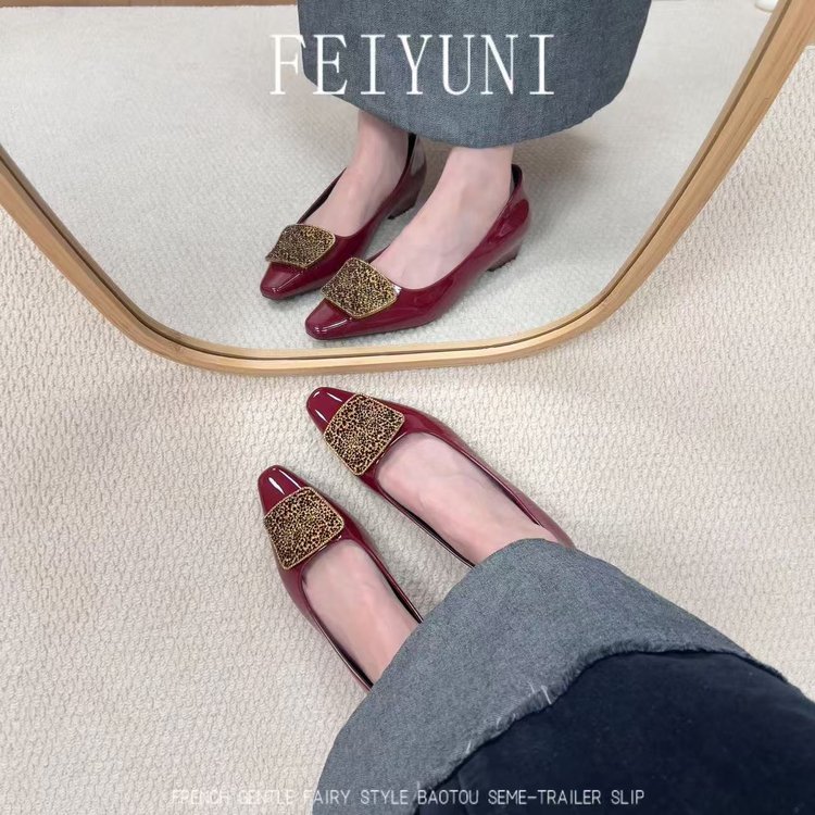 Mid Block Heel Women's Shoes, French Style Rhinestone Metal Buckle Slipon Shallow Mouth Lightweight Pumps For Spring And Autumn 4