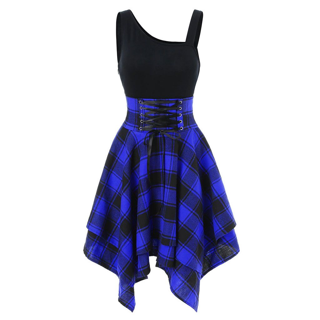 Fashion Plaid Suspender Elastic Waist Irregular Plaid Dress Blue - Shop at LoveMi