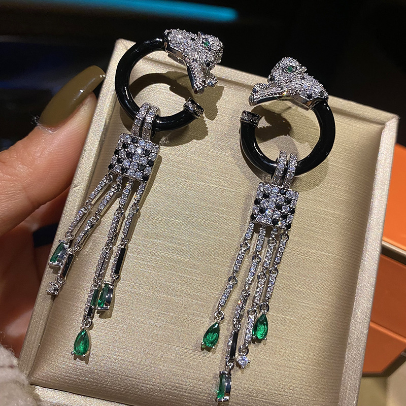 Title 4, Black Leopard Green Diamond Tassel Earrings for...