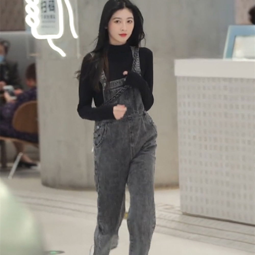 Vintage Sweet Black Denim Strap Pants Female