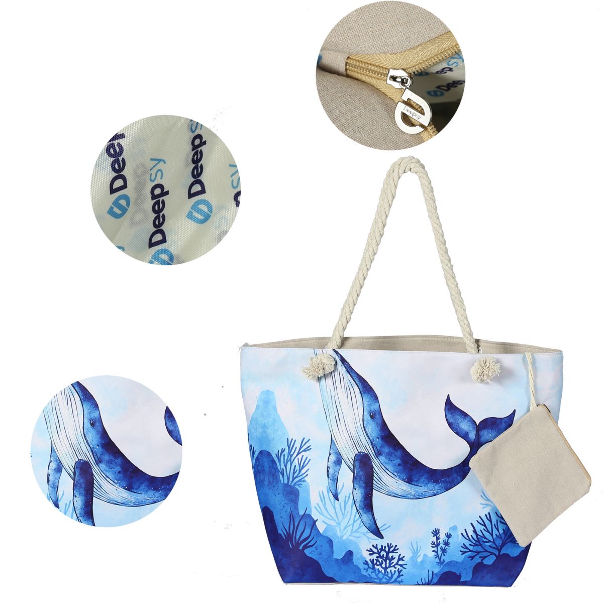 Waterproof Beach Tote Bag for Women. MATERIAL: Unique outer canvas material, inter polyester, hemp rope handle, foldable, easy to clean, waterproof and sandproof, durable and washable. LARGE BEACH BAG: Size 22.83 X 7.87 X 14.96 inch, there is enough space