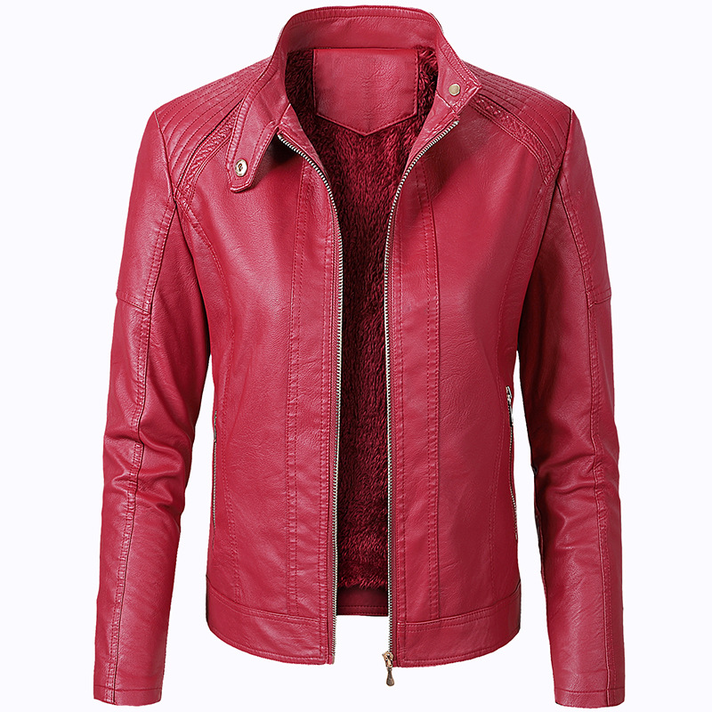 Long Sleeve Ladies Leather Jacket Pu Leather Women Short Red - Shop at LoveMi
