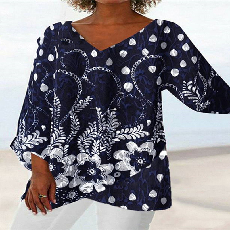 Women's V-Neck Long Sleeve Loose Print Plus Size Shirt