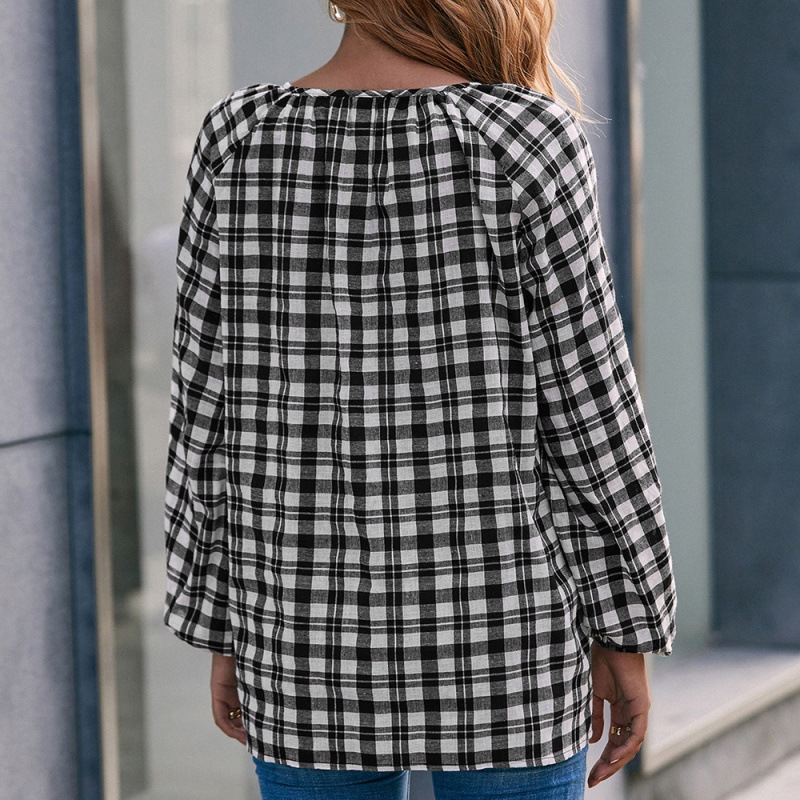 Casual Long Sleeve Check V-Neck Tie Shirt