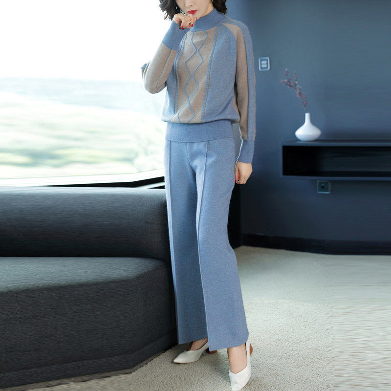 Autumn New Knitted Sweater Wide Leg Pants Suit