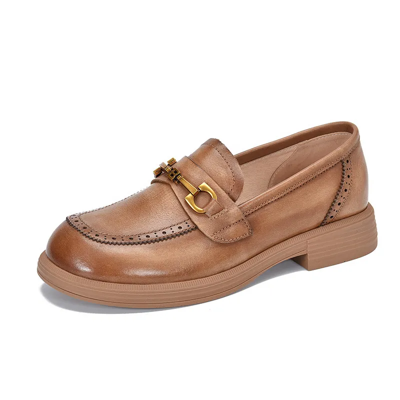 Women's Leather Shoes Metal Buckle Loafers - Brown