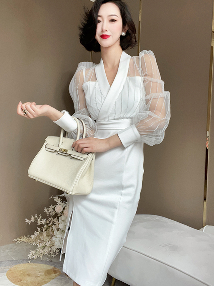 Mesh V-Neck Bodycon Dress, picture 6 of 7