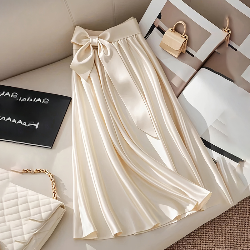 Women's Solid Color Satin Midi Skirt With Bow Detail, Elegant Pleated Skirt For Office And Vacation Wear Apricot - Shop at LoveMi