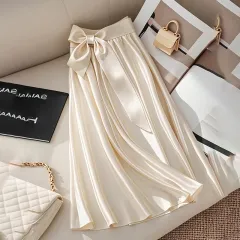 Women's Solid Color Satin Midi Skirt With Bow Detail, Elegant Pleated Skirt For Office And Vacation Wear - Apricot - View 1