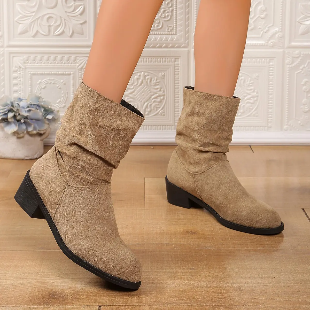 Women Vintage Western Slouch Suede Ankle Boots
