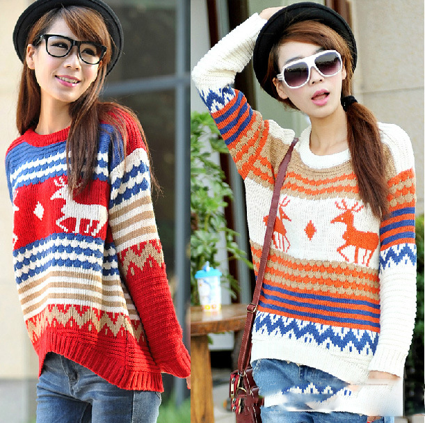 Cute Loose Women's Fawn Print Sweater