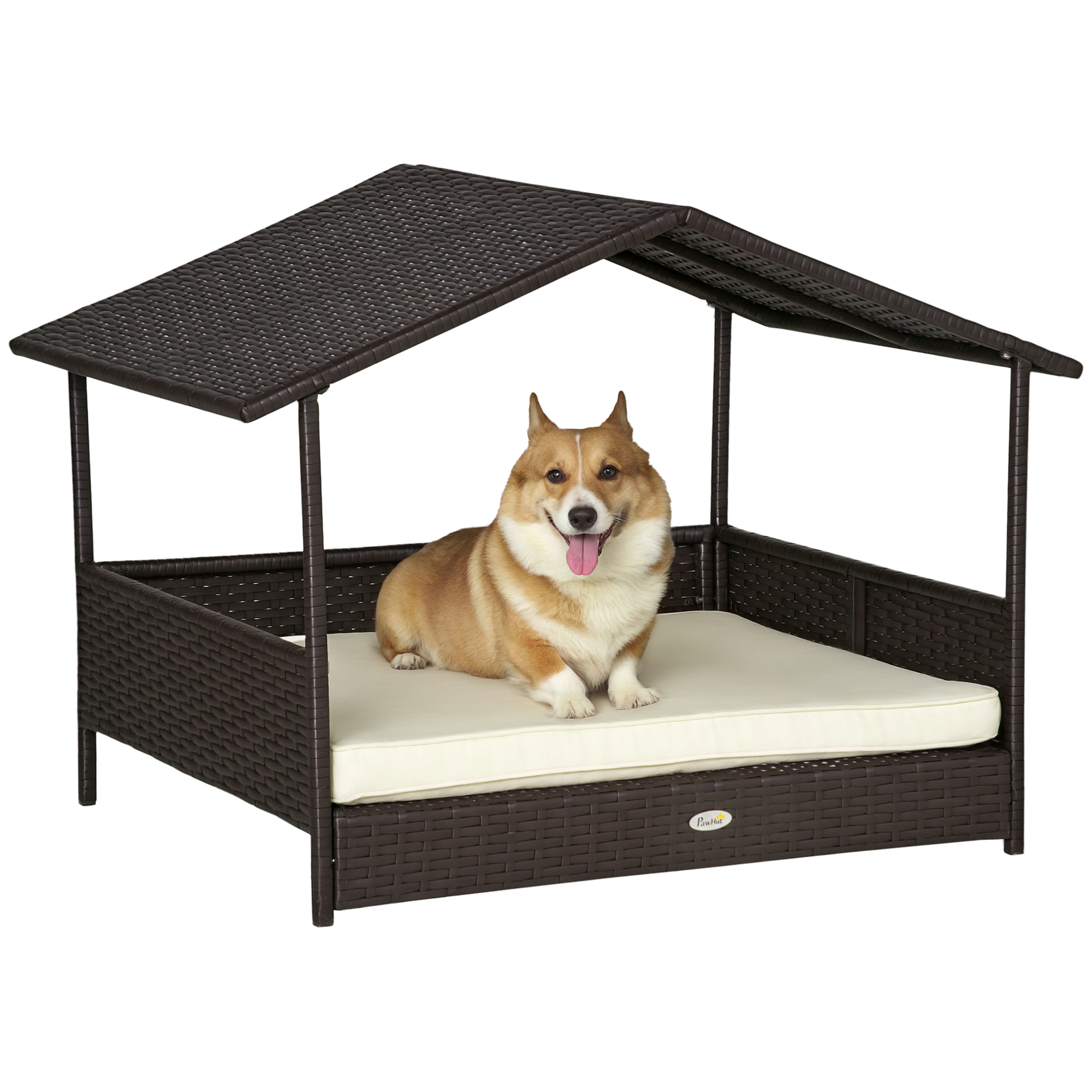 Wicker Dog House, Rattan Pet Bed, With Removable Cushion, Canopy, For Small And Medium Dogs - Cream