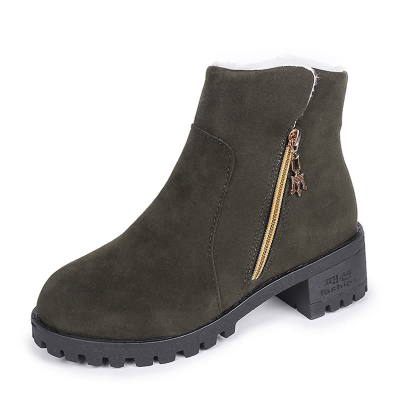 Title 3, Short Suede Side Zip Student Thick Mid-Heel Boots