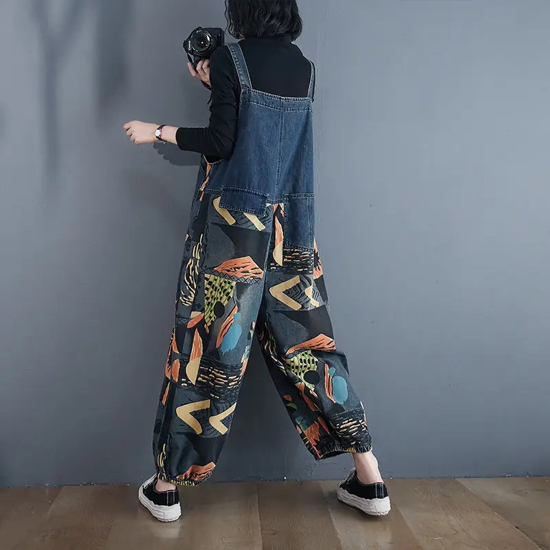 Autumn Literary Large Size Printed Jeans With Overalls