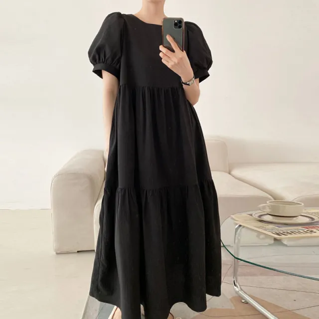 Pleated Layered Long Knee length Dress For Women Black - Shop at LoveMi