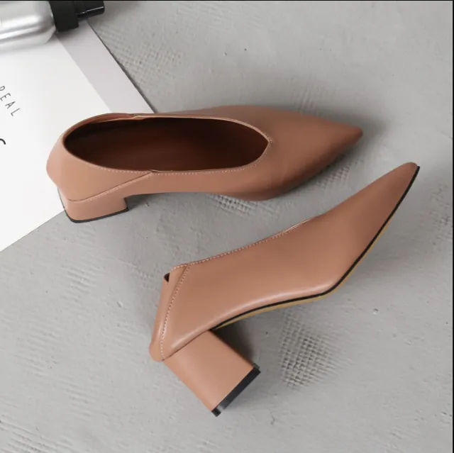 Vintage Pointed Deep V mouth Women's Thick Heel High Heel Shoes Bean Paste Color 34 - Shop at LoveMi